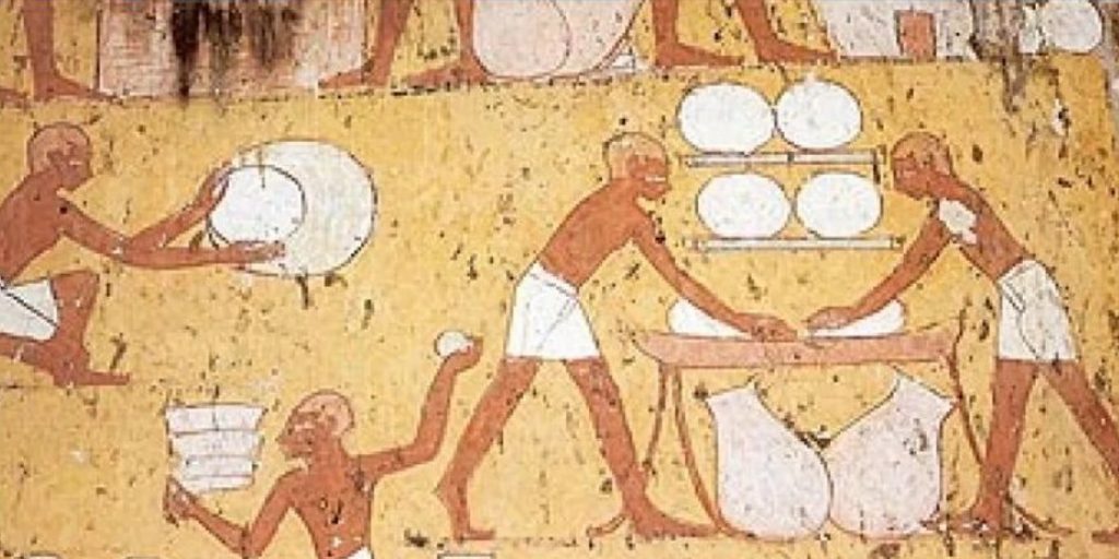 Rappresentazione rupestre di età egizia, della produzione del pane; storia della piadina romagnola
