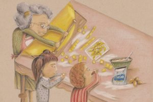In questo disegno di Daniela Zauli c'è molta mia infanzia. Una nonna col pettine di osso tra i capelli grigi, tira la sfoglia. Attorno a lei i nipotini fanno la pasta e mangiano il ripieno cruda