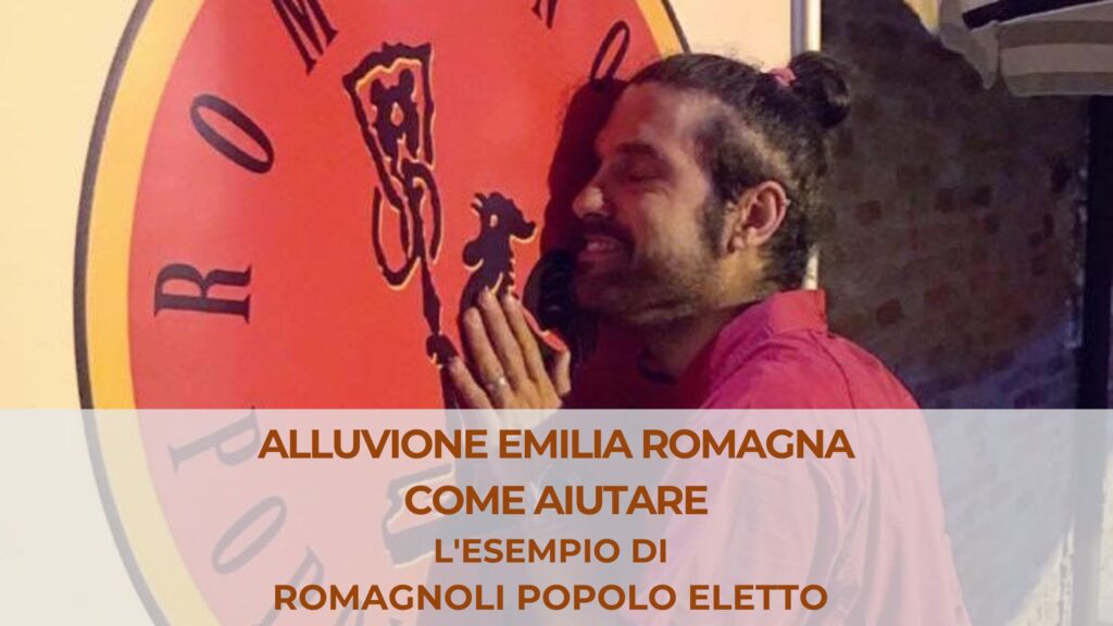Alluvione Emilia Romagna come aiutare l'esempio di Romagnoli Popolo Eletto intervista a Stefano Bernardeschi in foto mentre accarezza il logo di Romagnoli Popolo Eletto