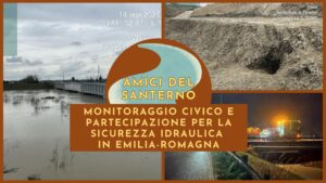 Sicurezza fiume Santerno: tre foto del fiume santerno scattate dal comitato amici del santerno durante le piene. Titolo Amici del Santerno. Monitoraggio e partecipazione per la sicurezza idraulica in emilia romagna